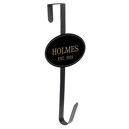 Personalized Family Name Black and Gold Wreath Hanger or Oval Plaque