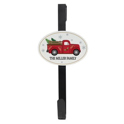 Personalized Christmas Red Truck Wreath Door Hanger or Oval Metal Plaque