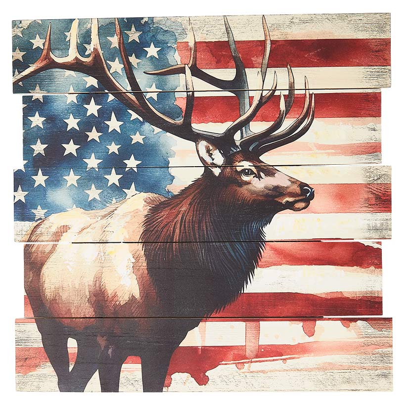 Rustic Plank Wall Art – Buck with American Flag Decor