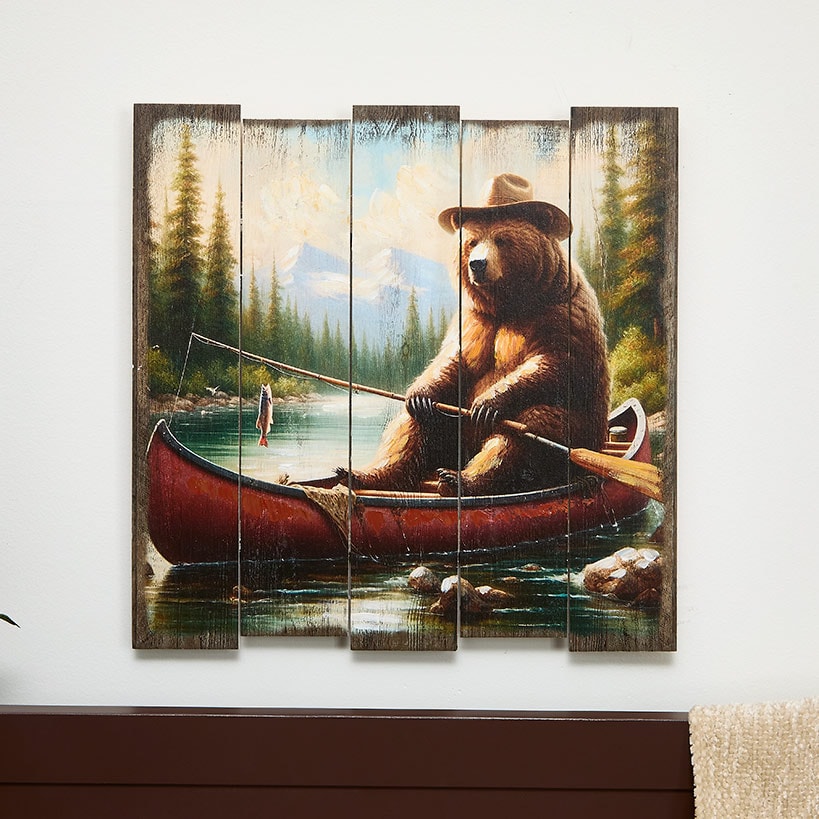 Woodland Bear Plank Wall Art – Rustic Decor for Nature Lovers#select-art_fishing
