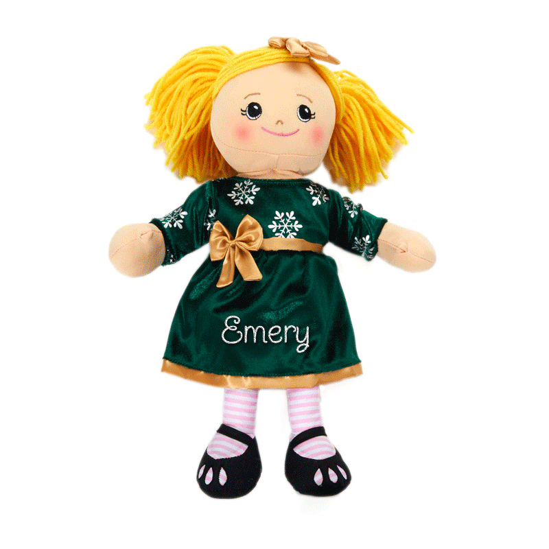 Personalized Rag Doll with Holiday Green Dress