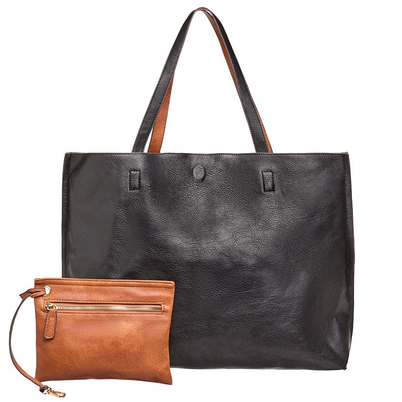 Women's Faux Leather Reversible Tote Bag with Matching Purse#select-color_black/cognac
