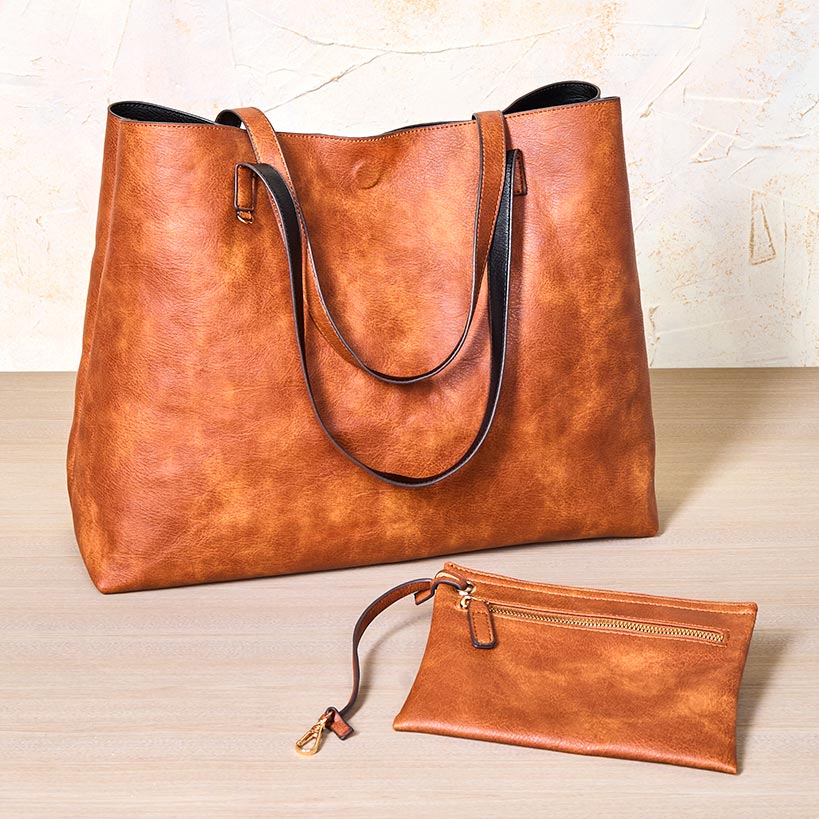 Women's Faux Leather Reversible Tote Bag with Matching Purse
