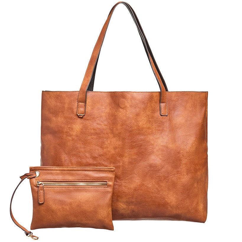 Women's Faux Leather Reversible Tote Bag with Matching Purse