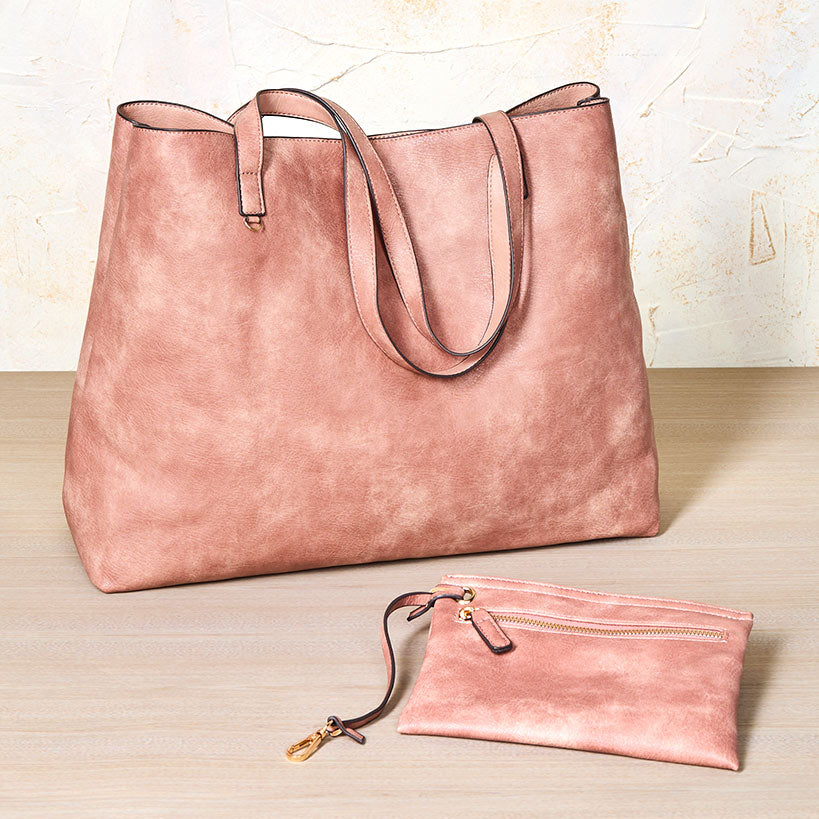 Women's Faux Leather Reversible Tote Bag with Matching Purse#select-color_blush/mauve
