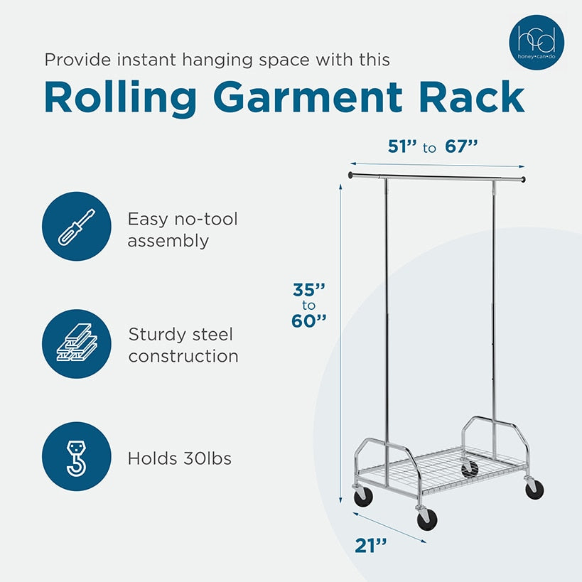 Rolling Clothes Rack with Adjustable Bar and Shelf