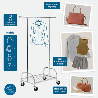 Rolling Clothes Rack with Adjustable Bar and Shelf