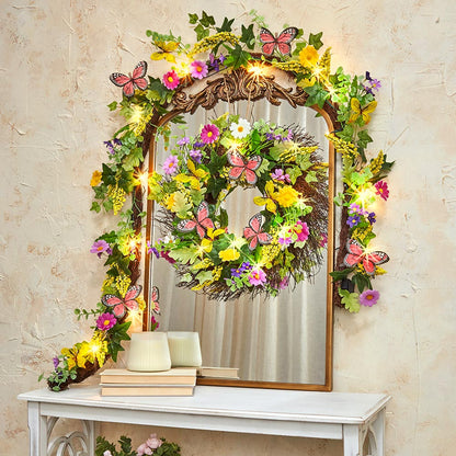 Summer Butterfly and Flower Lighted Wreath or Garland-Seasonal Decor