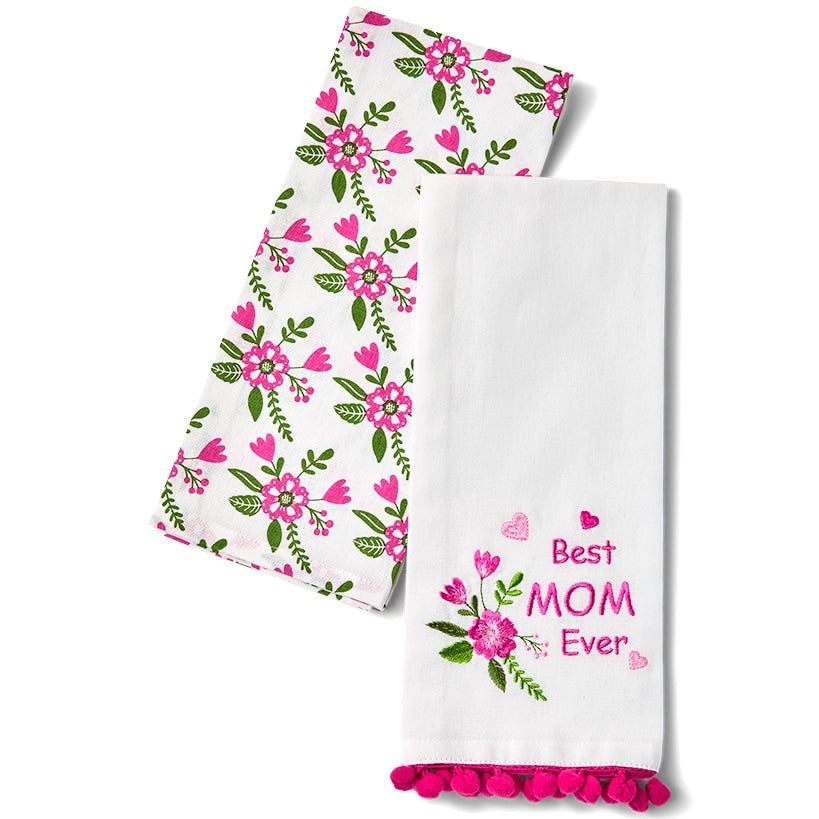 Spring Mother's Day Floral Heart Kitchen Apron Set of 2 Kitchen Towels