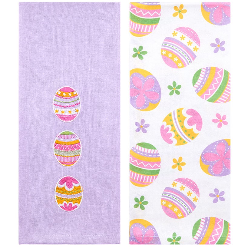 Set of 2 Easter Egg Embroidered Kitchen Towels