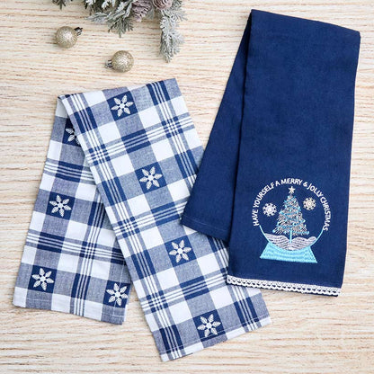 Set of 2 Blue Christmas Embroidered Kitchen Towels