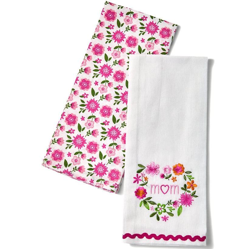 Spring Mother's Day Floral Heart Kitchen Apron Set of 2 Kitchen Towels
