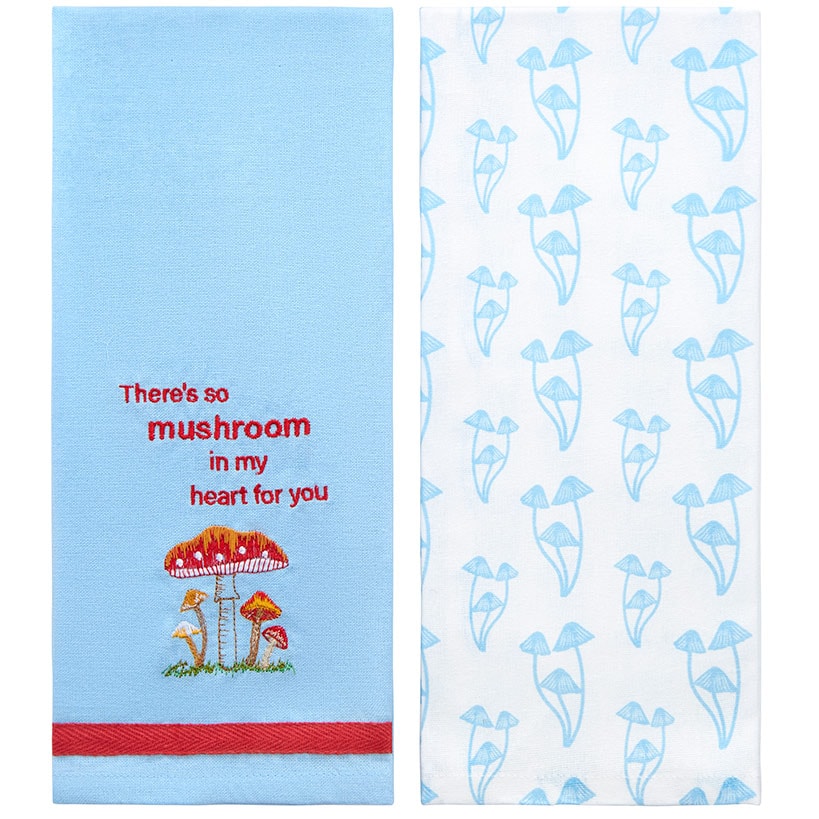 Set of 2 Spring Mushroom Embroidered Kitchen Towels