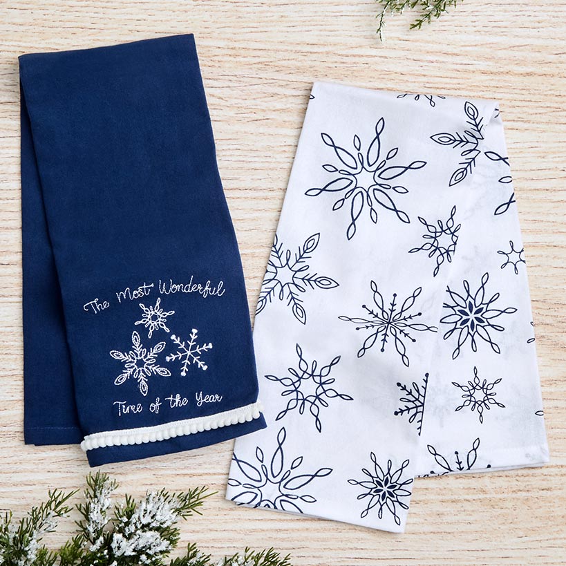 Set of 2 Blue Christmas Embroidered Kitchen Towels