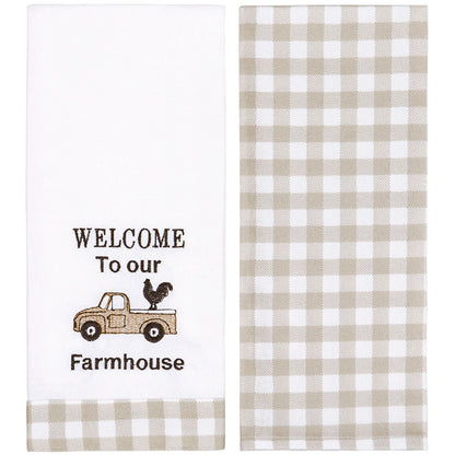 Rustic Farmhouse Plaid Embroidered Kitchen Towels, Set of 2