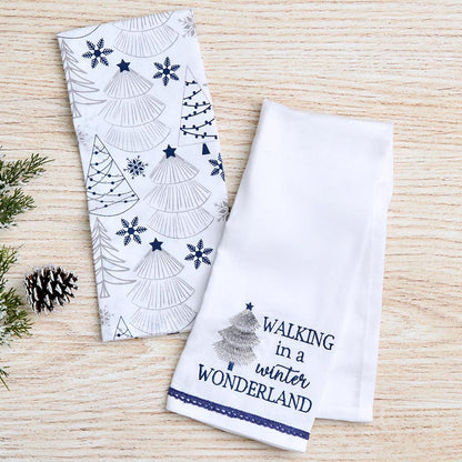 Set of 2 Blue Christmas Embroidered Kitchen Towels