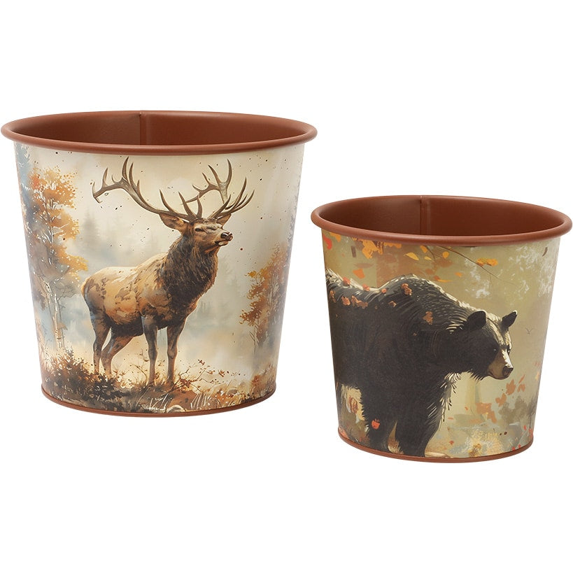 Planter Lodge Themed Decor In Large With Elk and Small With Bear