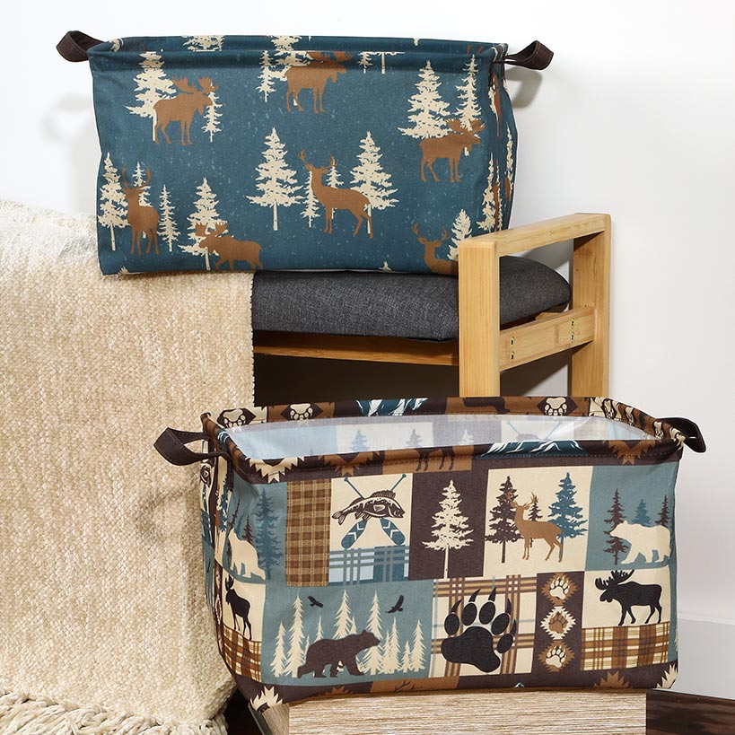 Rustic Printed Home Storage Decor Polyester Baskets Set of 2#select-basket_lodge-patchwork-&-moose