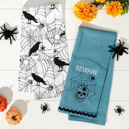 Set of 2 Skull and Ravens Embroidered Kitchen Towels
