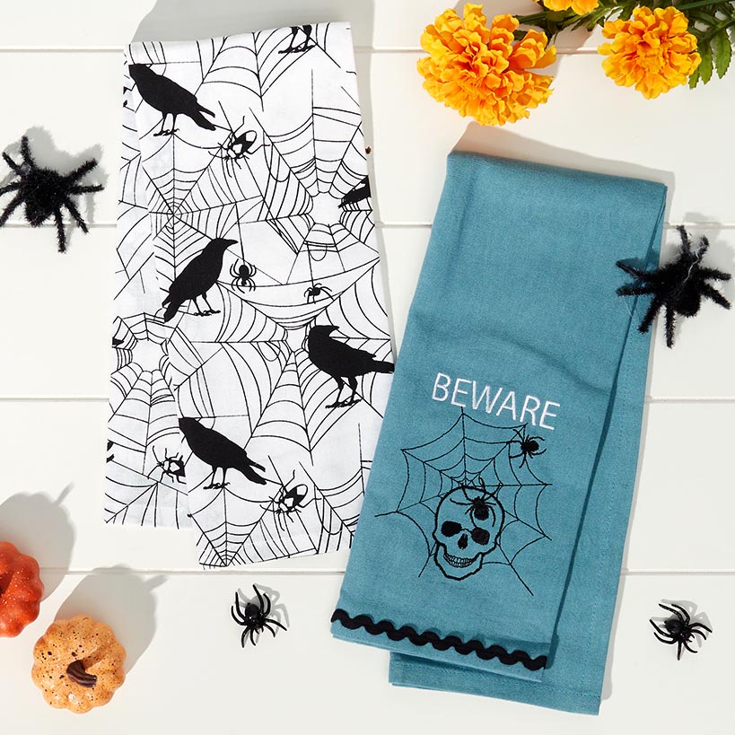 Set of 2 Skull and Ravens Embroidered Kitchen Towels