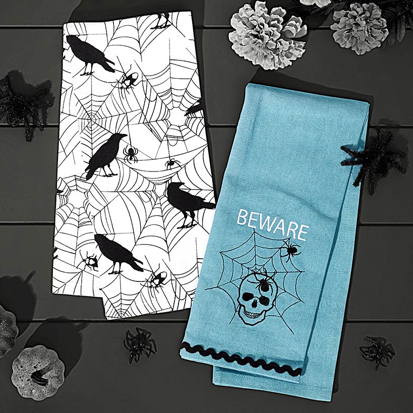 Set of 2 Skull and Ravens Embroidered Kitchen Towels
