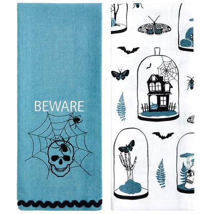 Set of 2 Skull and Ravens Embroidered Kitchen Towels