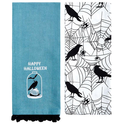 Set of 2 Skull and Ravens Embroidered Kitchen Towels