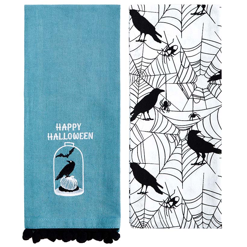 Set of 2 Skull and Ravens Embroidered Kitchen Towels