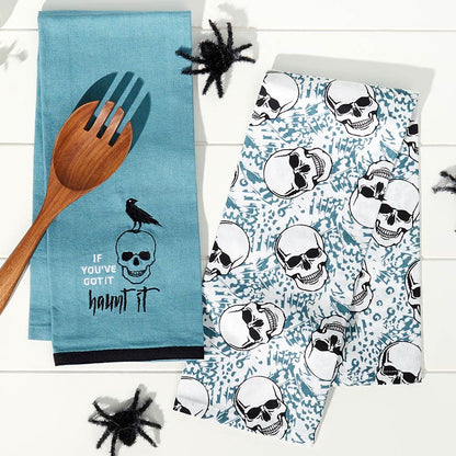 Set of 2 Skull and Ravens Embroidered Kitchen Towels