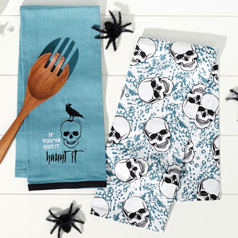Set of 2 Skull and Ravens Embroidered Kitchen Towels
