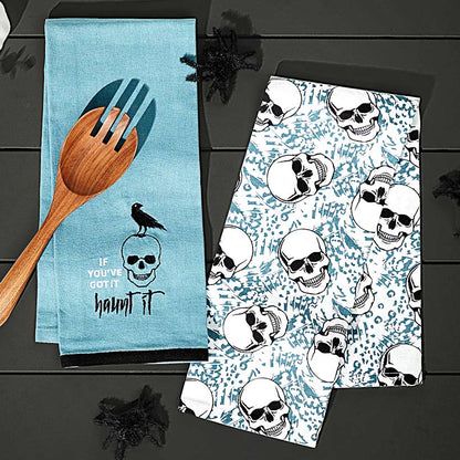 Set of 2 Skull and Ravens Embroidered Kitchen Towels