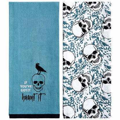 Set of 2 Skull and Ravens Embroidered Kitchen Towels