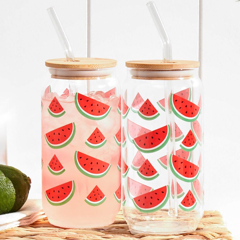 Glass Tumbler with Bamboo Lid and Straw - Set of 2 - 16oz#select-design_watermelon