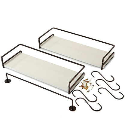 Floating Wall Mounted White Shelves with Metal Bar - Set of 2