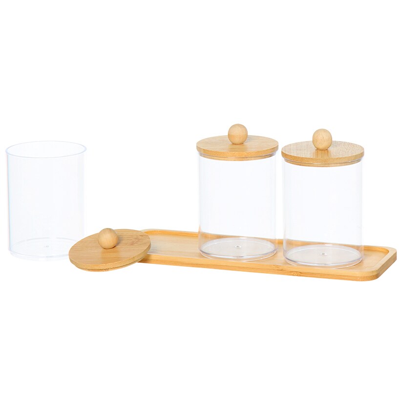 Bathroom Coutertop Clear Canisters with Bamboo Tray