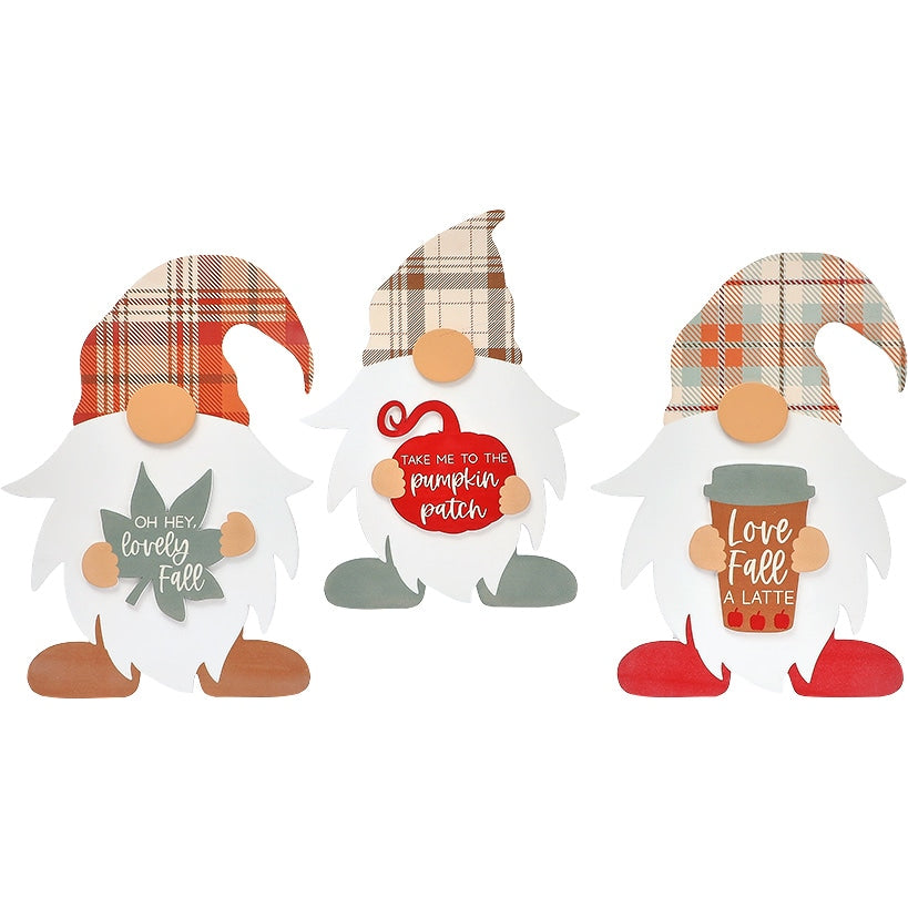 Gnome Fall Plaid Wood Tabletop Decor With Message 3 Pc