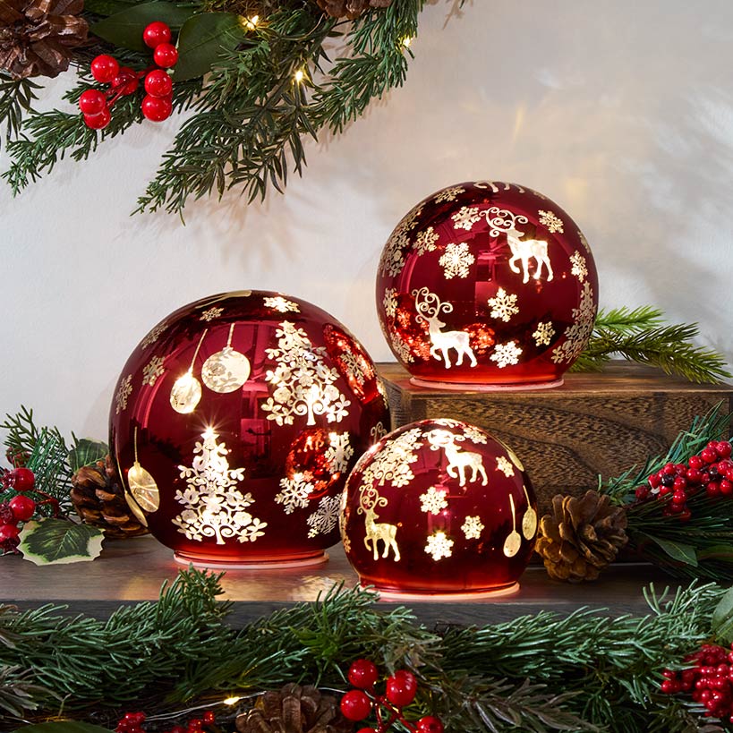 Set of 3 Holiday Light Cast Glass Globes