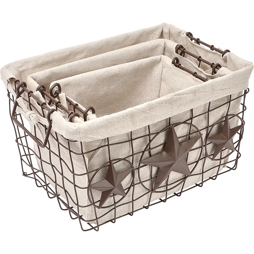 Brown Metal Storage Baskets with Star Accent and Polyester Lining Set of 3