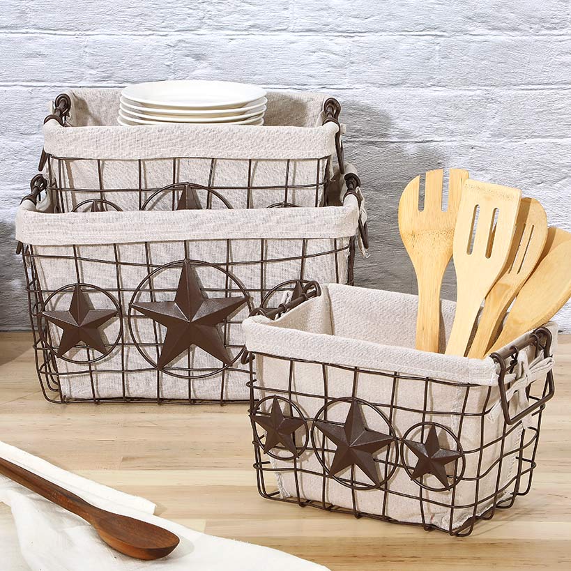 Brown Metal Storage Baskets with Star Accent and Polyester Lining Set of 3
