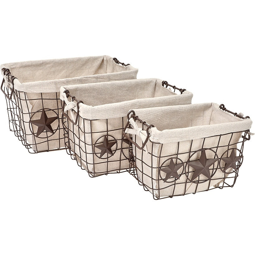 Brown Metal Storage Baskets with Star Accent and Polyester Lining Set of 3