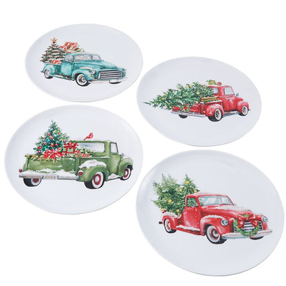 Set of 4 Festive Holiday Truck Melamine Plates