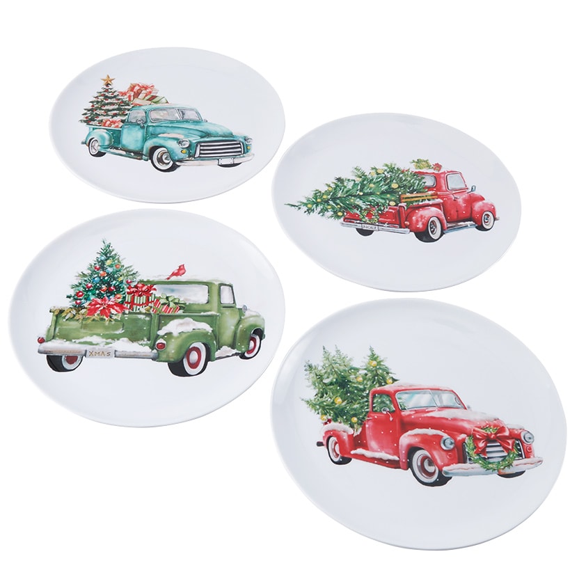 Set of 4 Festive Holiday Truck Melamine Plates
