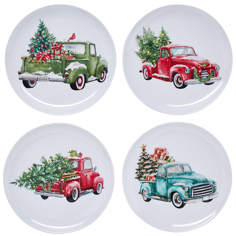 Set of 4 Festive Holiday Truck Melamine Plates