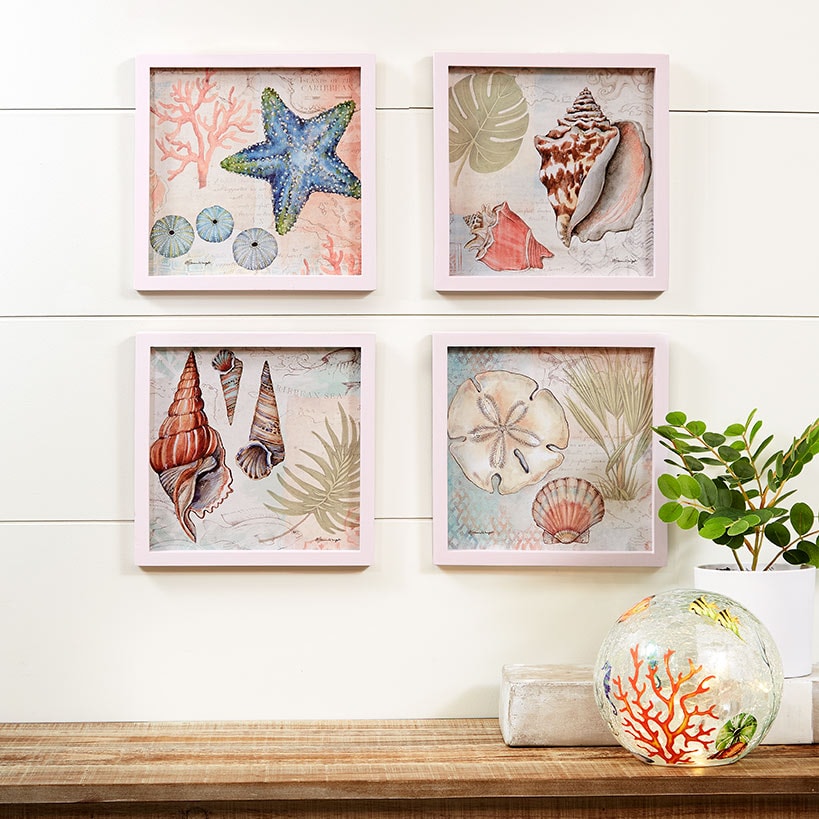 Framed Wall Art - Hummingbird, Butterfly, or Seashell Theme - 4 Pc#select-set_seashells