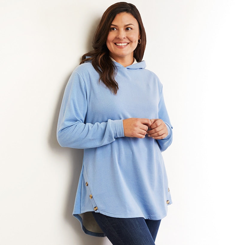 Women's Long-Sleeve Hooded Pullover with Decorative Buttons#select-color_blue