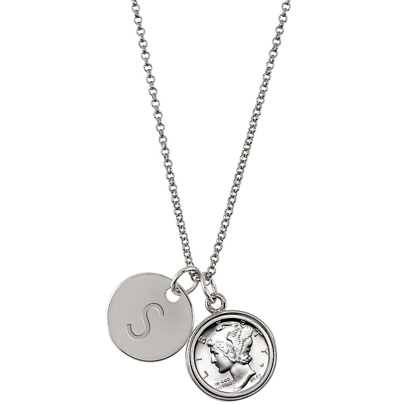 Silvertone Personalized Mercury Dime and Pendant Necklace