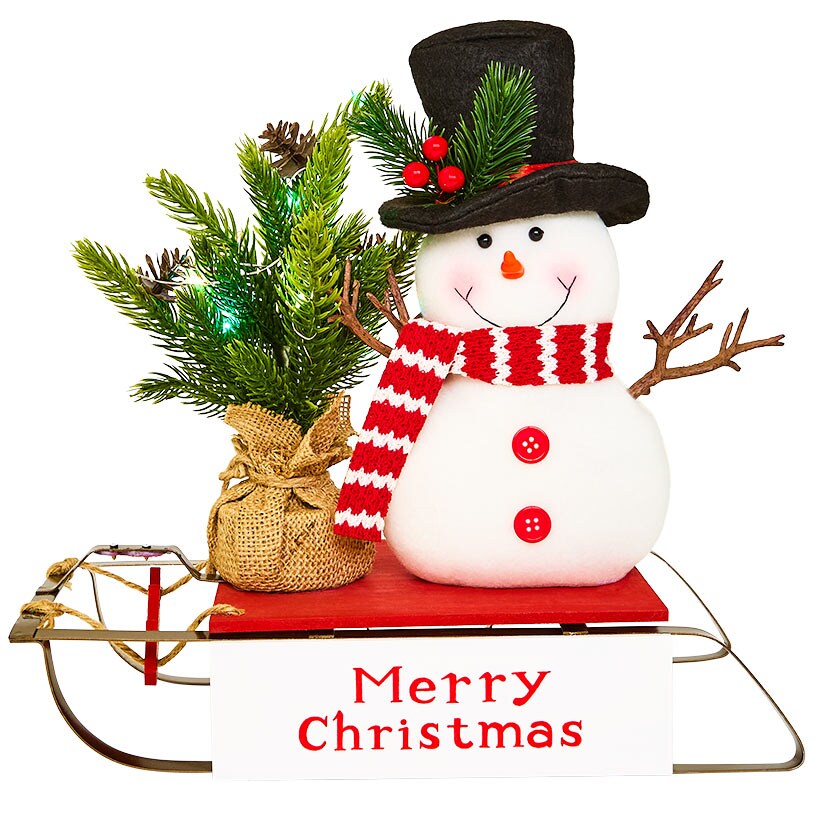 Snowman on Sled with Lighted Tree