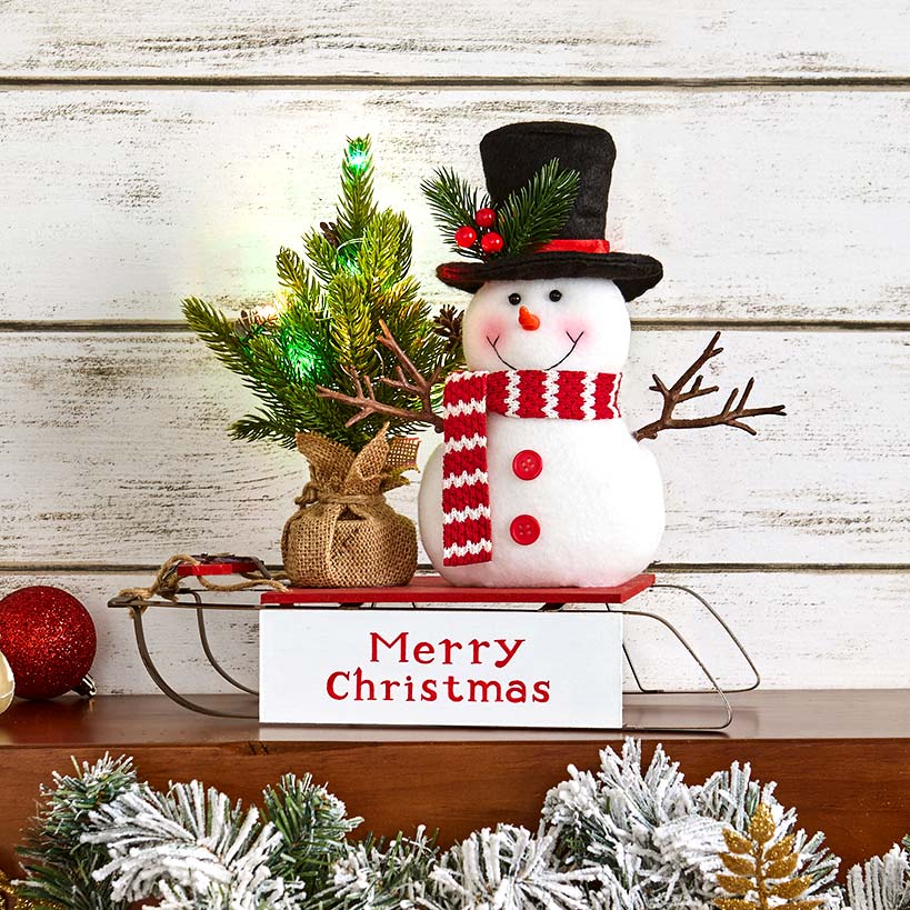 Snowman on Sled with Lighted Tree