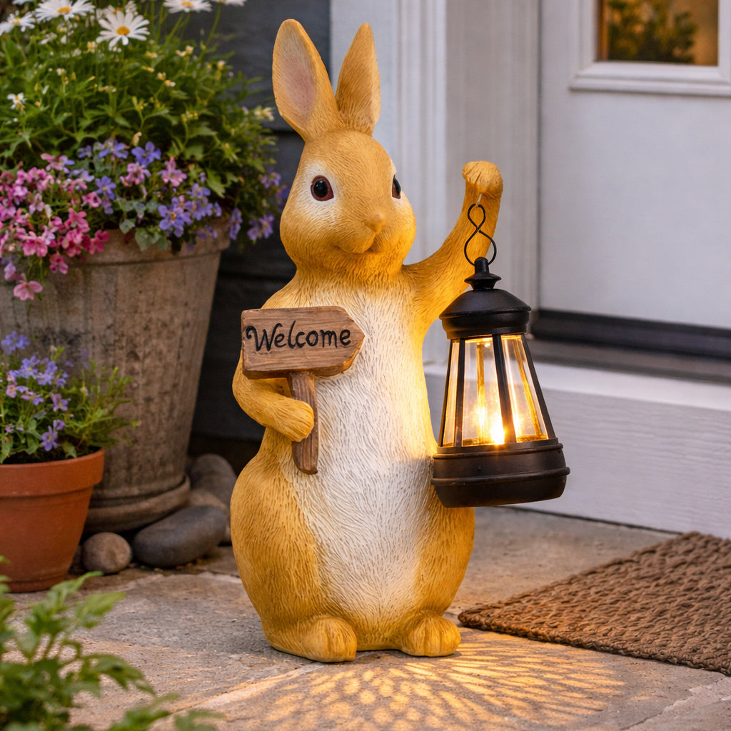 Solar Welcome Bunny Garden Statue With Lantern