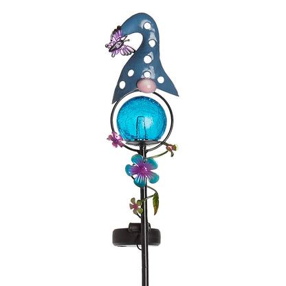 Solar LED Gnome Garden Stake Red with Flower or Blue with Butterfly